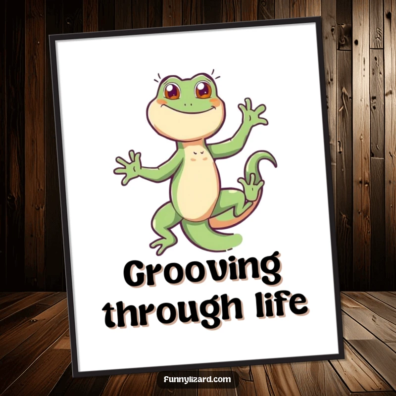 Funny energetic lizard in a dynamic dance pose, its tail creating a playful arc, perfect for wall art.