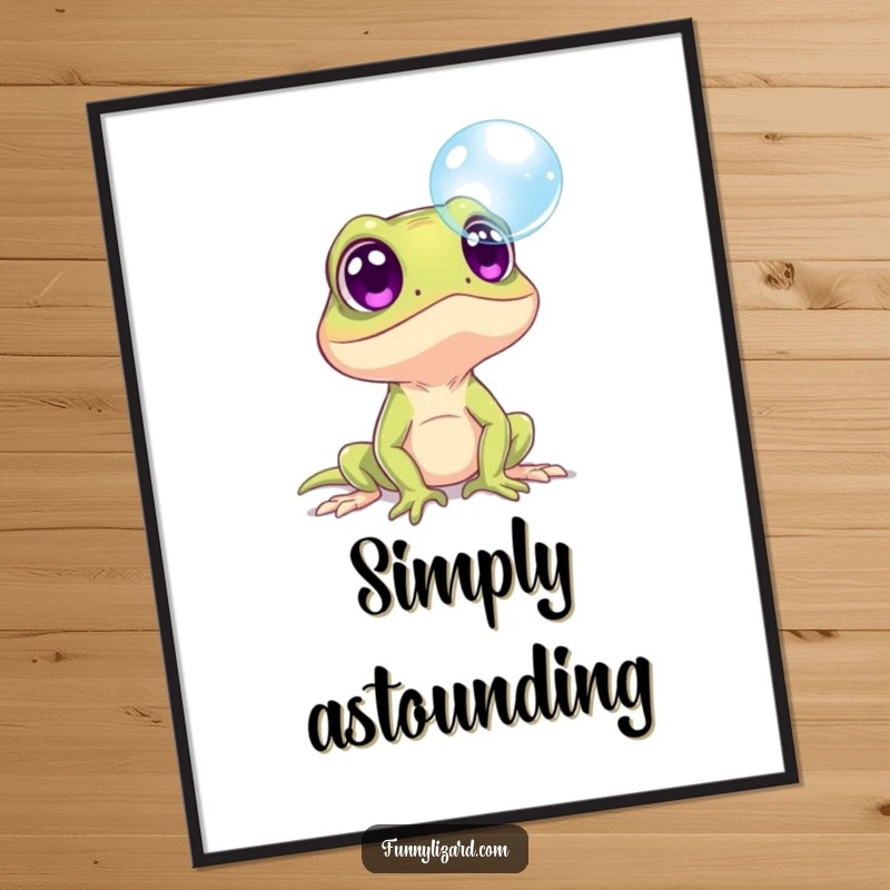Funny surprised lizard with exaggerated wide eyes, gazing at a single floating bubble, in a whimsical poster.