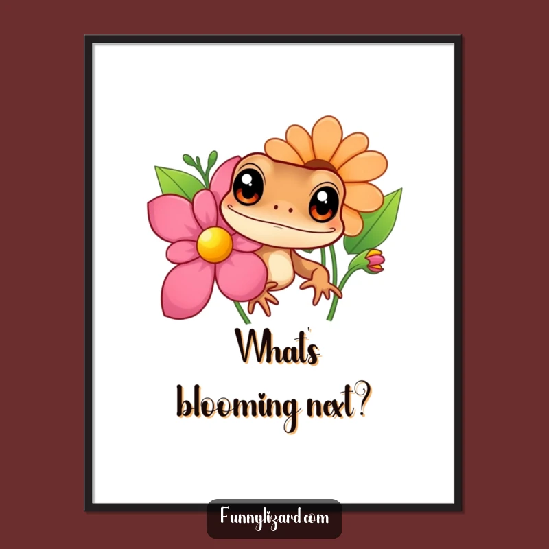 Funny Curious Lizard Poster - Big Eyes Peeking Flower Wall Art, Humorous Nature Decor