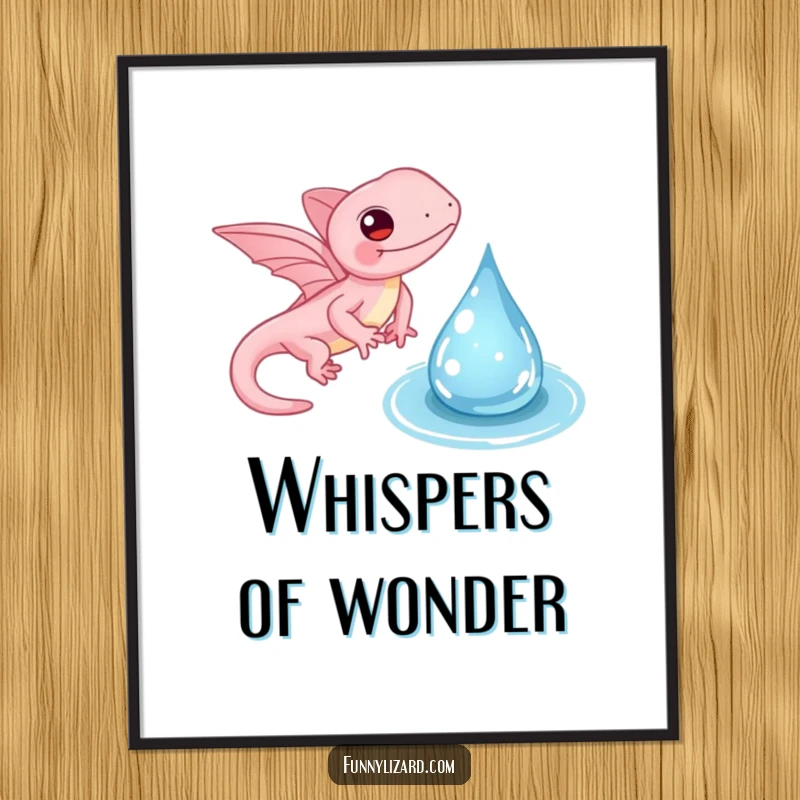 Funny pink lizard poster, showing a whimsical lizard with tiny wings gently flapping near a water droplet, a delicate and magical artwork.
