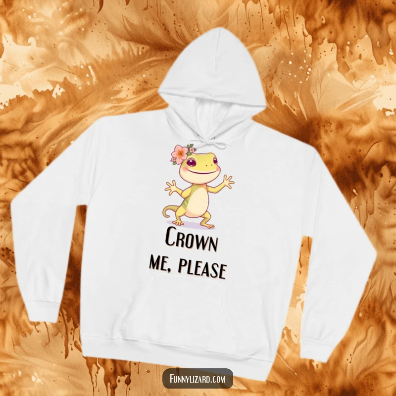 Funny happy lizard wearing a delicate flower crown, dancing merrily on a soft hoodie.