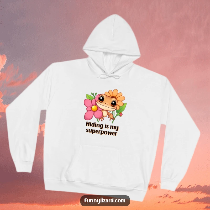 Funny brown lizard hoodie, showing a curious lizard with big eyes peeking from behind a colorful flower, blending warmth and humor.
