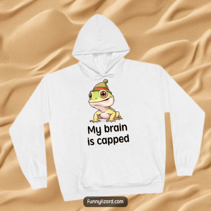 Funny goofy lizard peeking out from under a tiny, whimsical hat on a soft and warm hoodie.