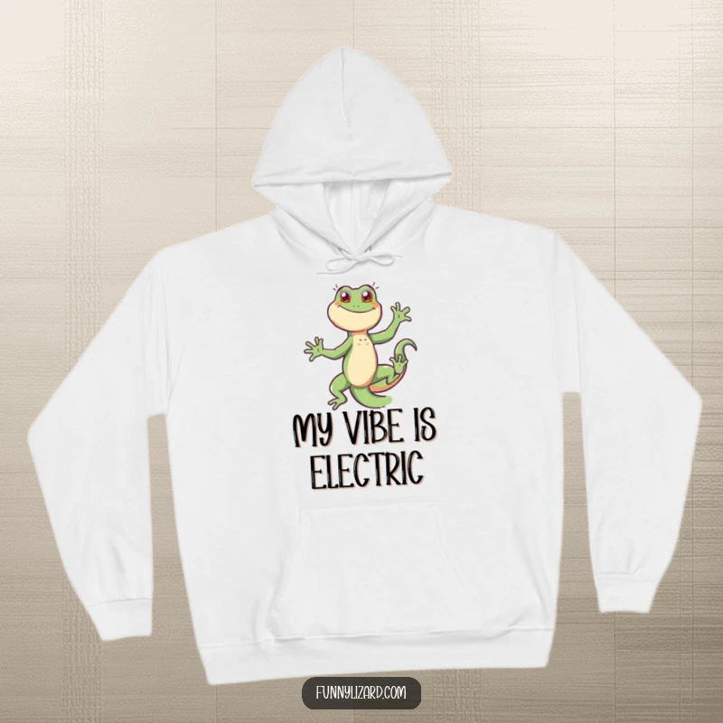 Funny energetic lizard in a full dance pose, tail wagging wildly, printed on a comfortable and warm hoodie.