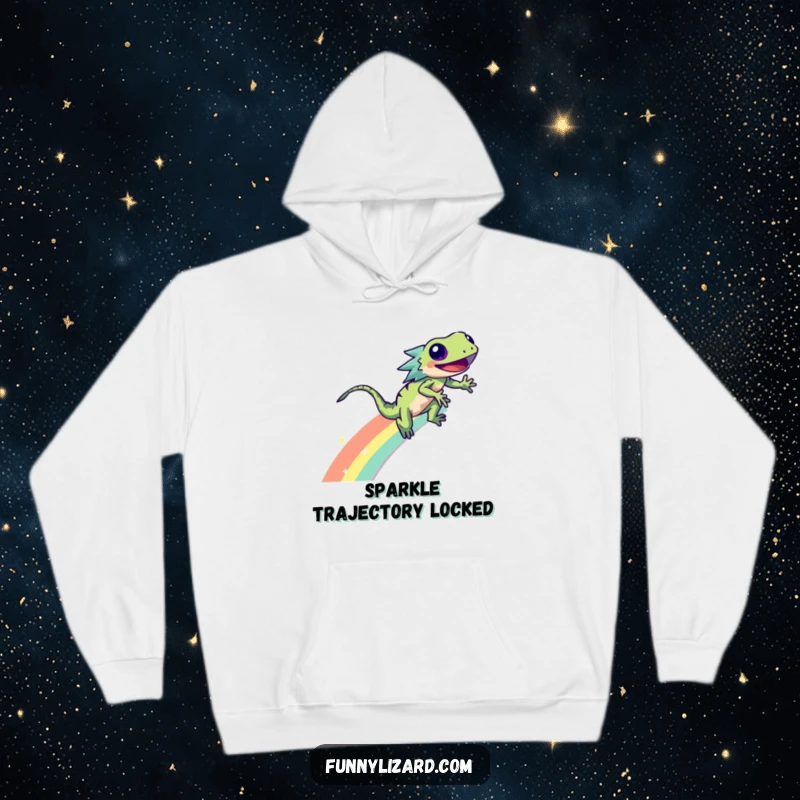 Funny lizard zooming down a shimmering rainbow with a sparkly trail, printed on a cozy, warm hoodie.