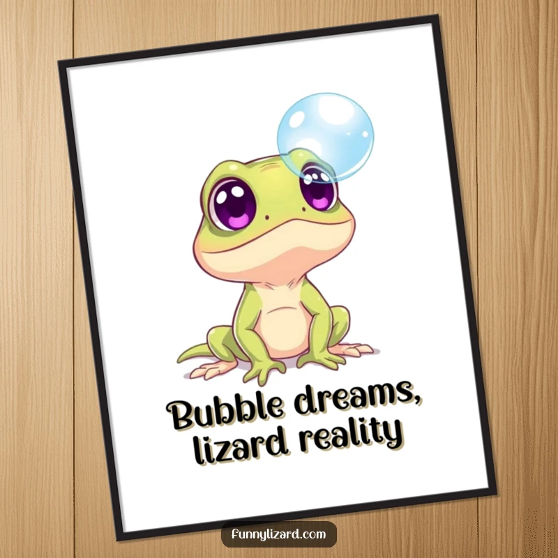 Funny Free Printable Wall Art: A Lizard with Astonished, Wide Eyes Fixed on a Floating, Delicate Bubble.