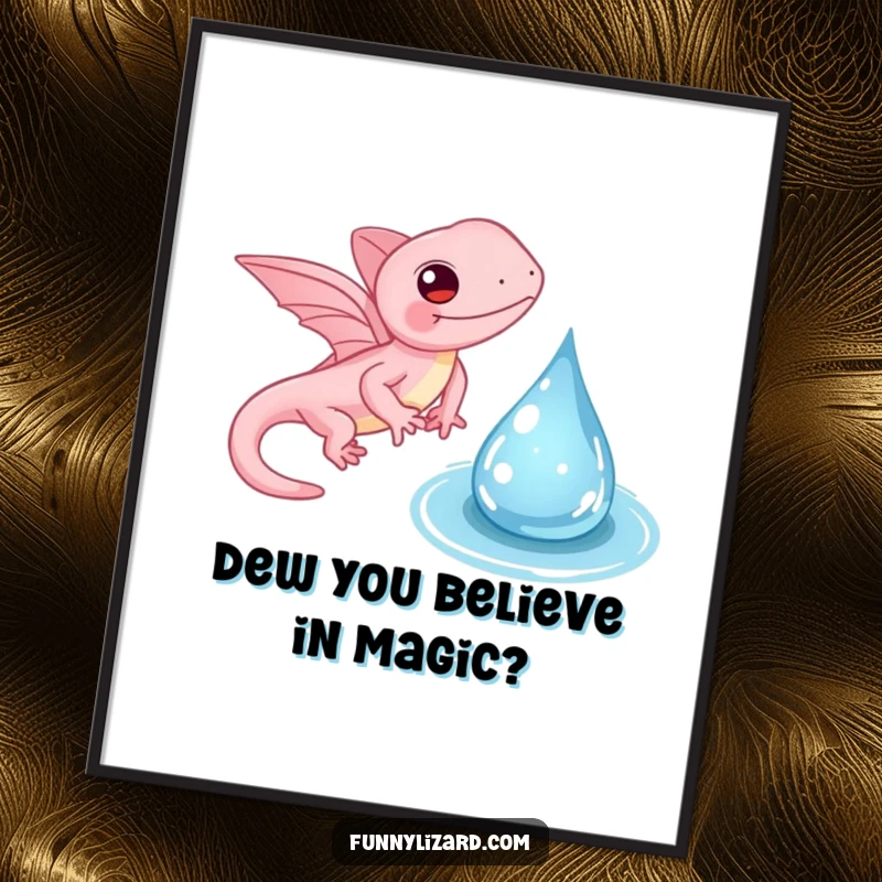 Funny Free Printable Wall Art: Pink lizard with tiny, delicate wings gently flapping near a glistening water droplet, exuding serene beauty.