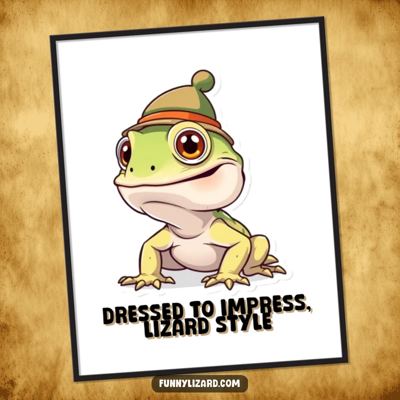 Funny Free Printable Wall Art: Goofy Lizard Wearing a Tiny, Absurd Hat, Exuding Playful Charm and Humor.