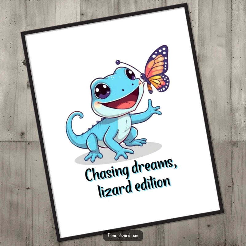 Funny Free Printable Wall Art: Playful blue lizard with a wide grin energetically chasing a shimmering butterfly through a vibrant, artistic landscape.