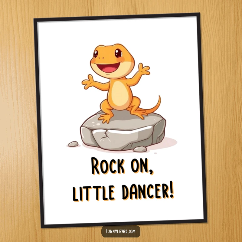 Funny Free Printable Wall Art: Happy orange lizard with short legs performing a lively jig on a textured rock, full of energetic fun.