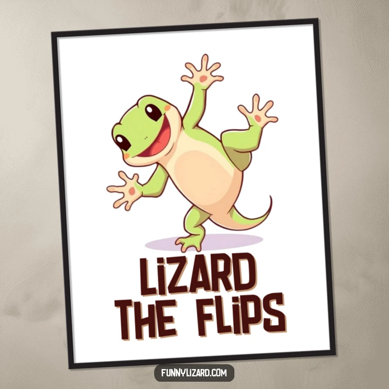 Funny Free Printable Wall Art: Playful lizard doing a cartwheel with a wide happy grin, creating quirky decor.