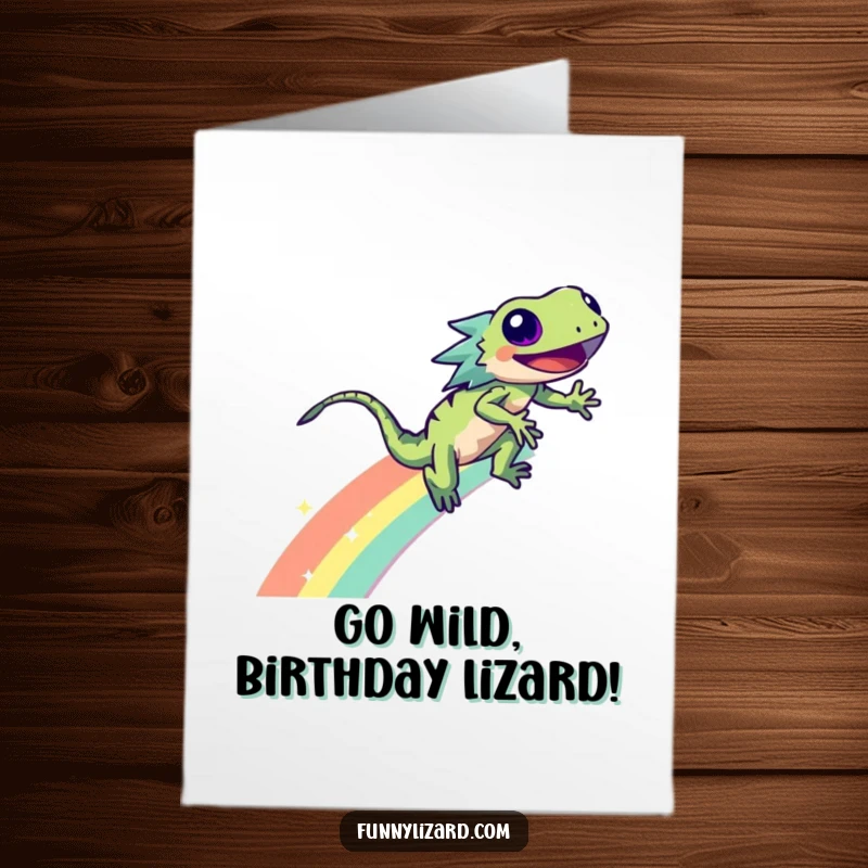 Funny Free Printable Birthday Card: Energetic lizard joyfully zooming down a vibrant rainbow with a sparkle trail.