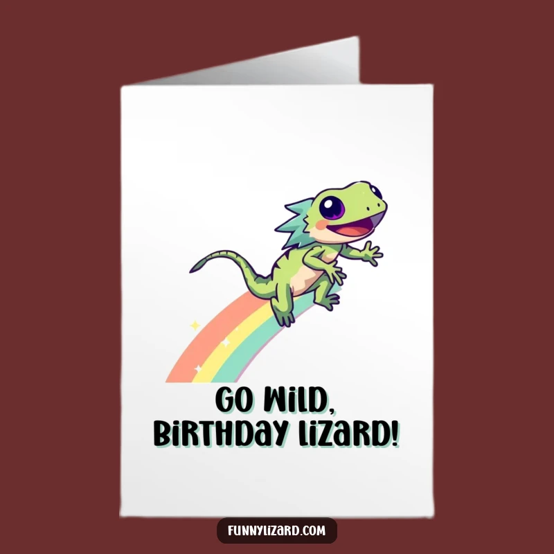 Free Printable Birthday Card: Energetic Lizard Rainbow Zoom! Hilarious Downloadable Gift for Laughs.