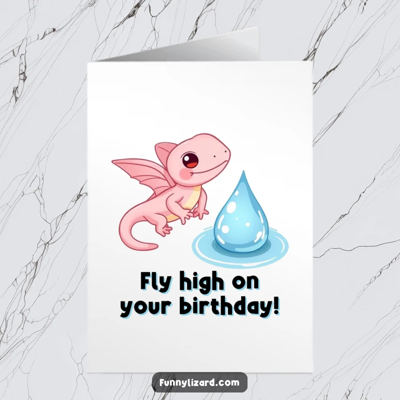 Funny Free Printable Birthday Card: Pink lizard with tiny wings gently flapping near a sparkling water droplet, offering a unique birthday greeting.