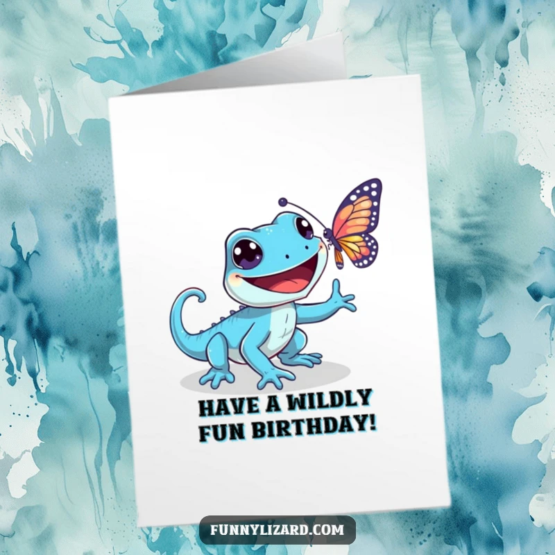 Funny Free Printable Birthday Card: Playful blue lizard with a wide grin joyfully chasing a shimmering butterfly, perfect for birthday wishes.