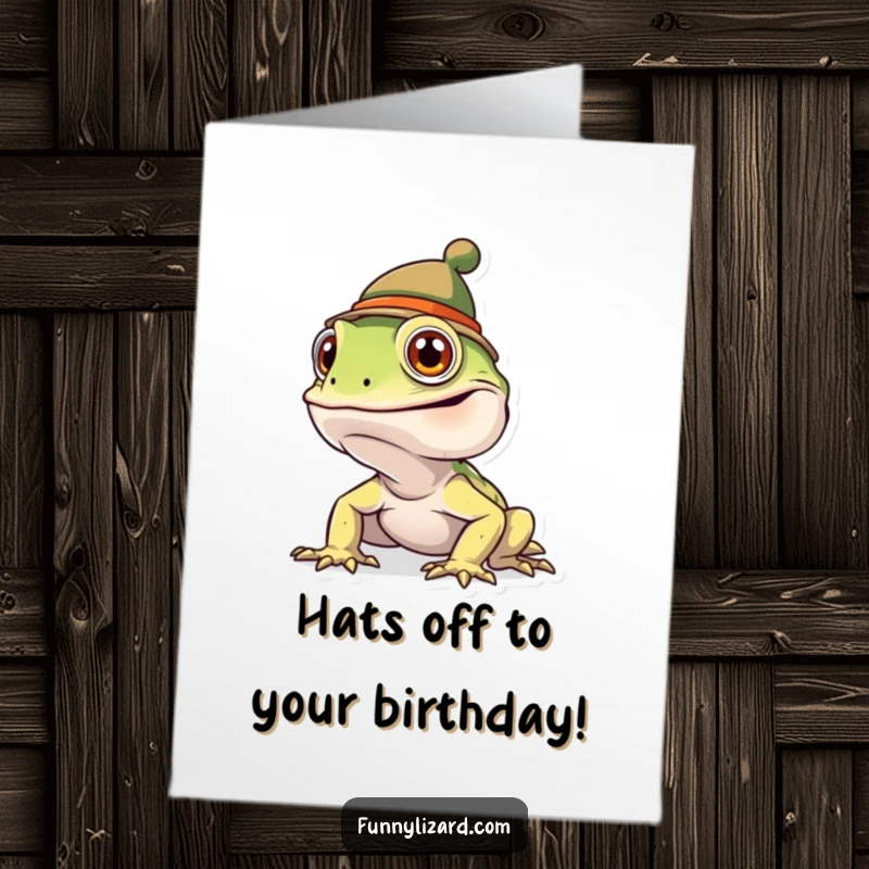 Funny Free Printable Birthday Card: Goofy Lizard Sporting an Oversized, Comical Hat with a Grinning Expression.