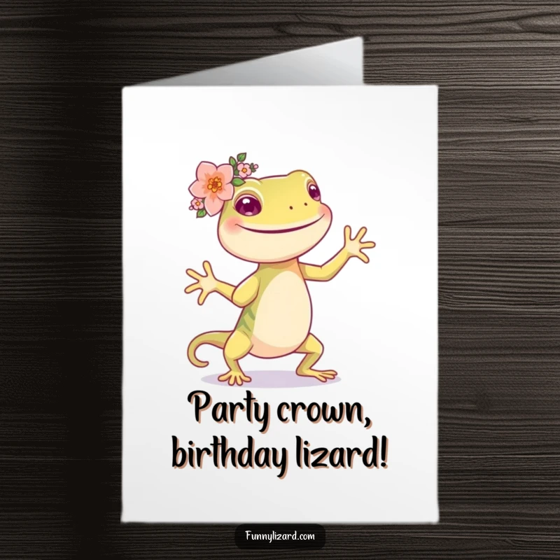 Funny Free Printable Birthday Card: A happy lizard wearing a tiny flower crown dances joyfully.