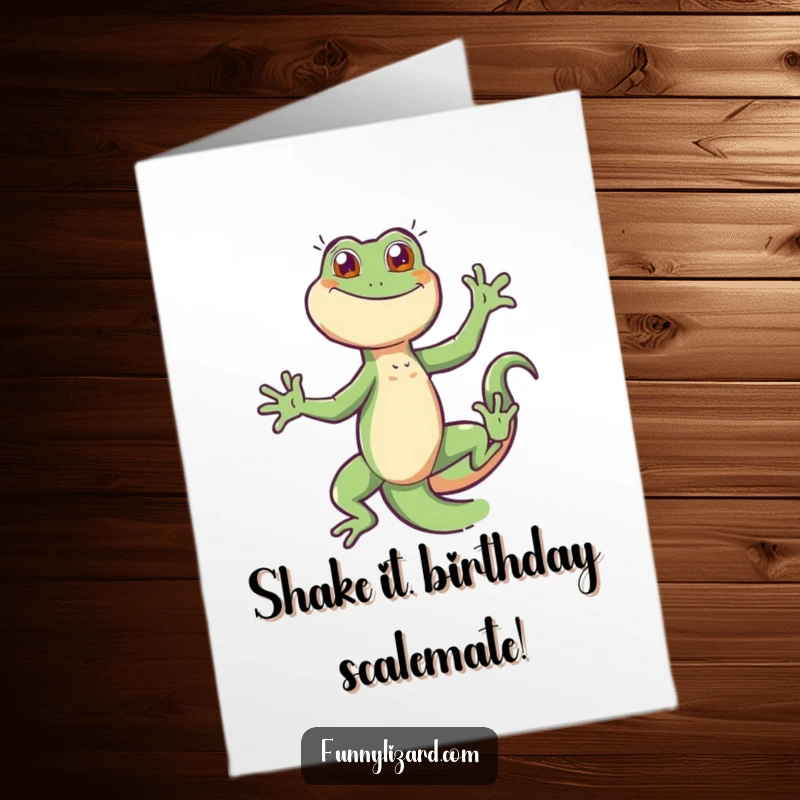 Funny Free Printable Birthday Card: Energetic Lizard Grooving Joyfully with its Tail, Ready to Party!