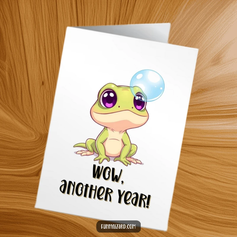 Funny Free Printable Birthday Card: Surprised Lizard with Huge Eyes Gazing at a Floating, Delicate Bubble.