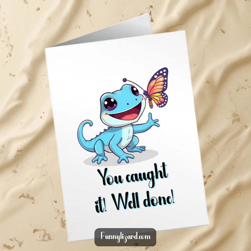 Funny Free Printable Congratulations Card: Blue lizard with a wide grin excitedly chasing a shimmering butterfly, symbolizing a triumphant achievement.