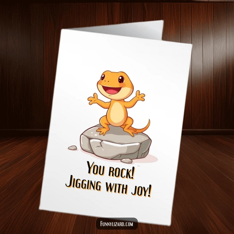 Funny Free Printable Congratulations Card: Happy orange lizard with short legs doing a lively jig on a rock, celebrating a fantastic achievement.