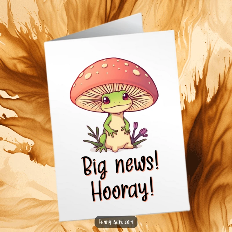Funny Free Printable Congratulations Card: Curious lizard peeking from behind a giant colorful mushroom, celebrating their success.