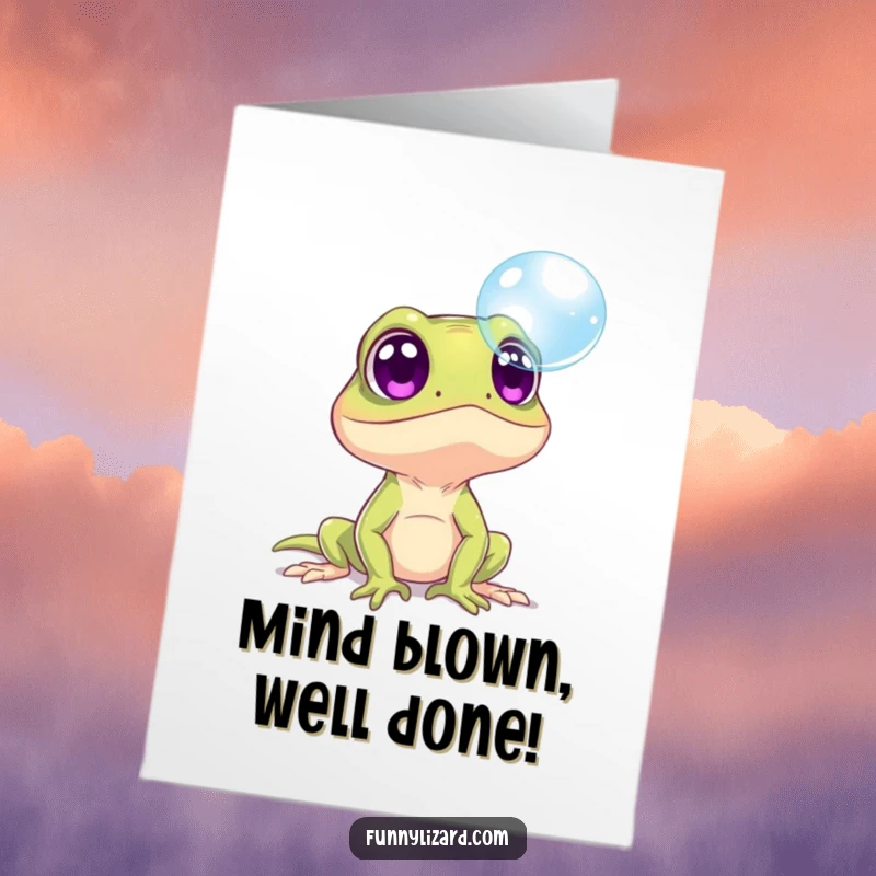 Free Printable Congratulations Card: Wide-Eyed Lizard Showing Utter Surprise Watching a Floating, Translucent Bubble.