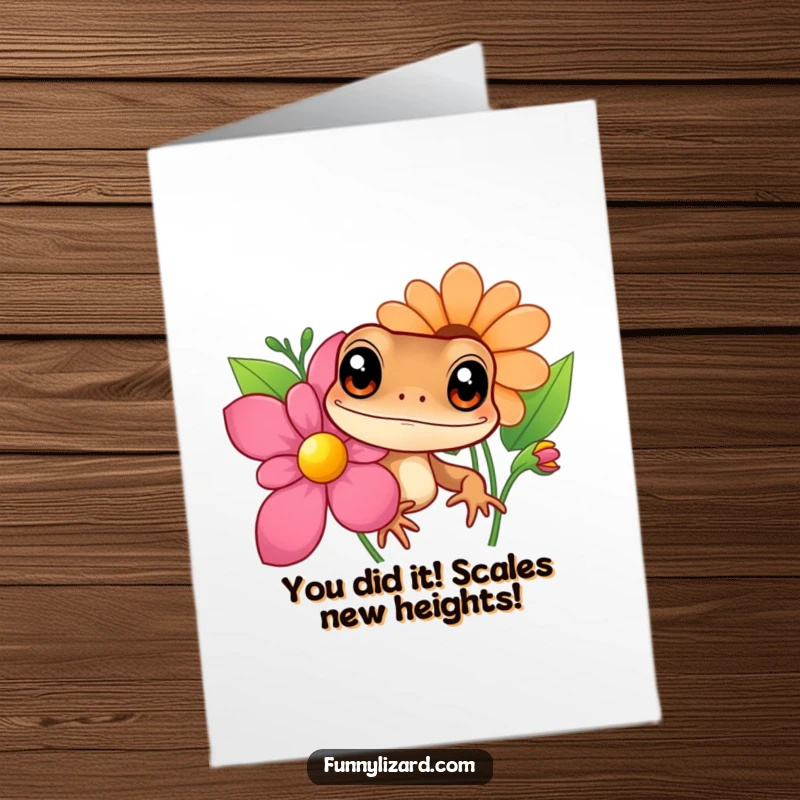 Funny Free Printable Congratulations Card: Curious brown lizard with big eyes peeking out, offering a delightful cheer for their success.