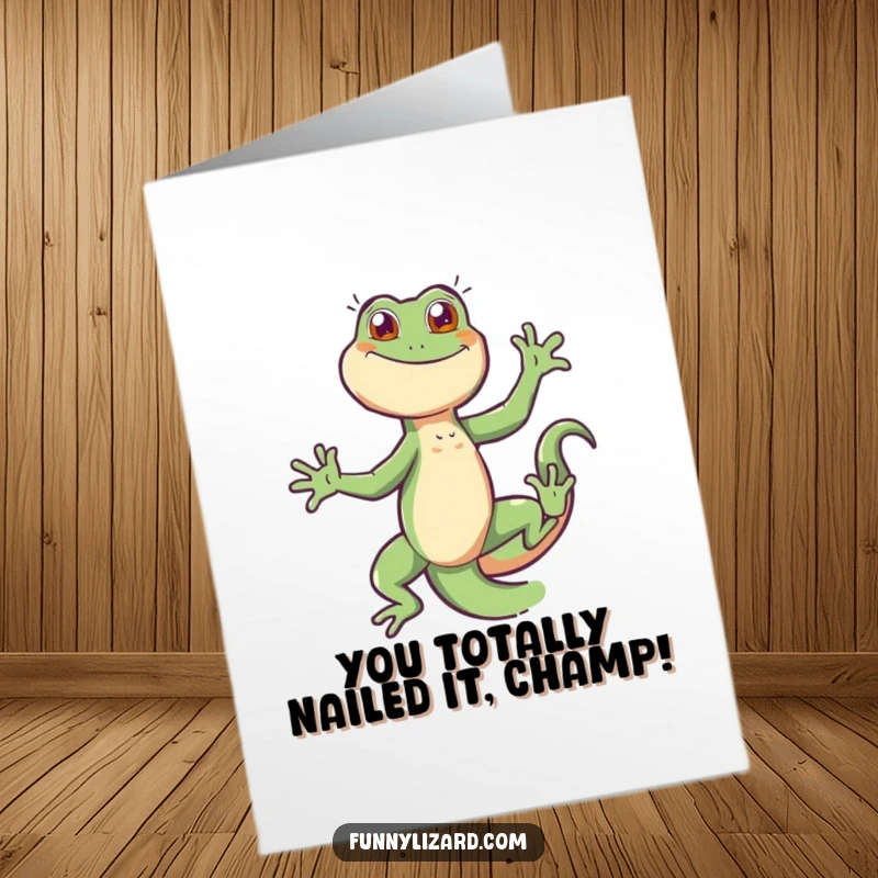 Free Printable Congratulations Card: Ecstatic Lizard Doing a Wild Dance, Full of Exuberant Celebration Energy.