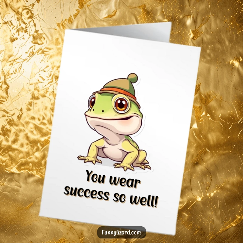 Free Printable Congratulations Card: A Goofy Lizard Wearing a Tiny, Silly Hat with a Cheerful, Amused Look.