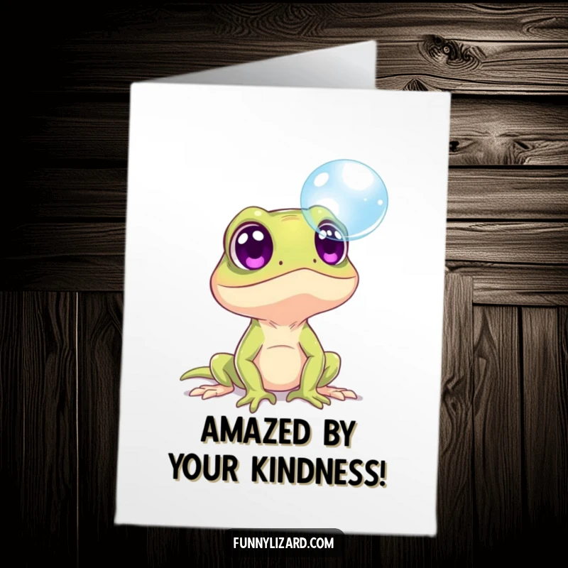 Funny Free Printable Thank You Card: A Lizard with Eyes Wide Open in Surprise at a Drifting Bubble.