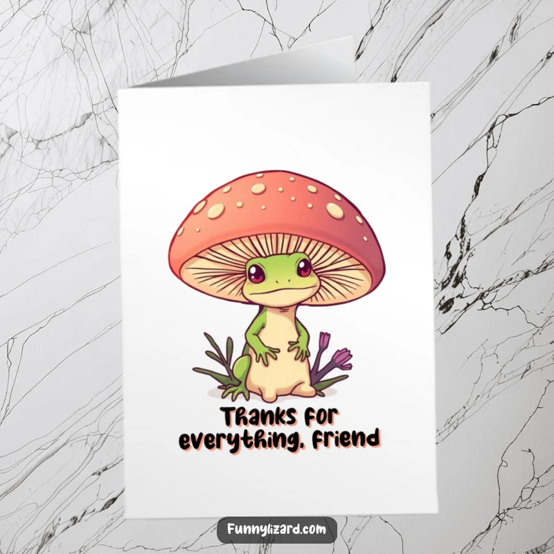 Funny Free Printable Thank You Card: Curious lizard peeking from behind a giant colorful mushroom, expressing thanks.