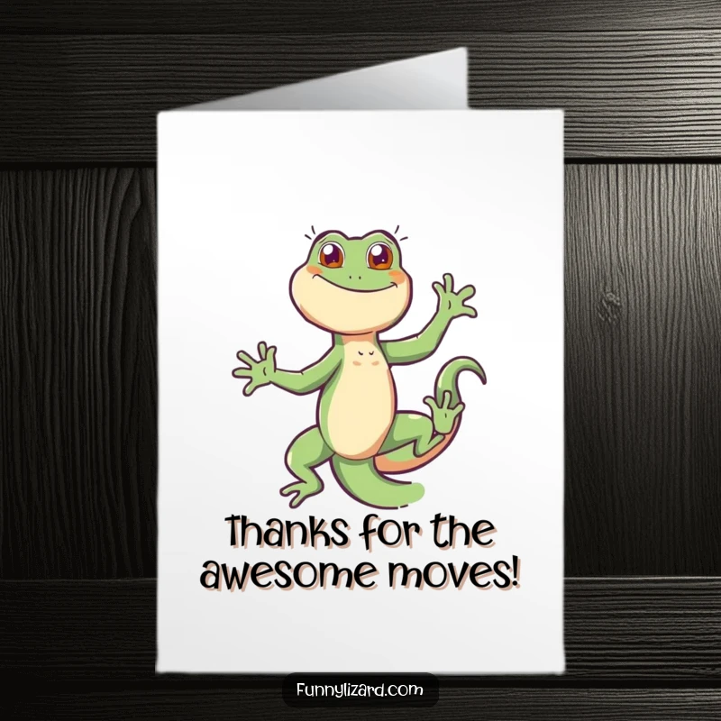 Funny Free Printable Thank You Card: A Lizard Mid-Dance, Tail Swirling with Expressive Gratitude and Joy.