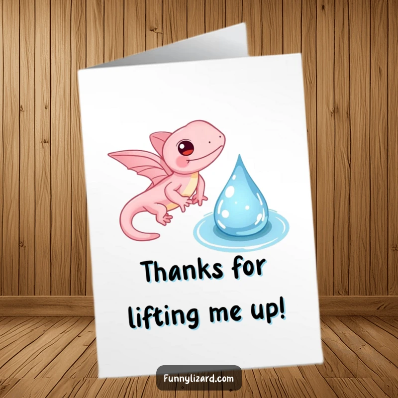 Funny Free Printable Thank You Card: Pink lizard with tiny wings gently flapping near a water droplet, conveying sweet and gentle thanks.