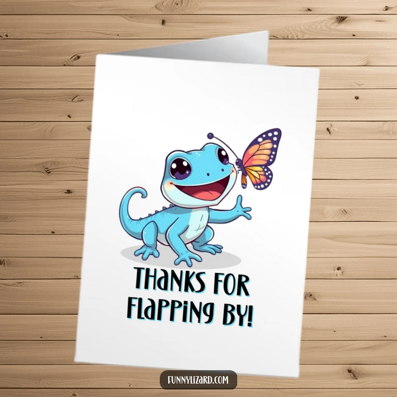 Funny Free Printable Thank You Card: Playful blue lizard with a wide grin chasing a butterfly, a whimsical way to say thank you.