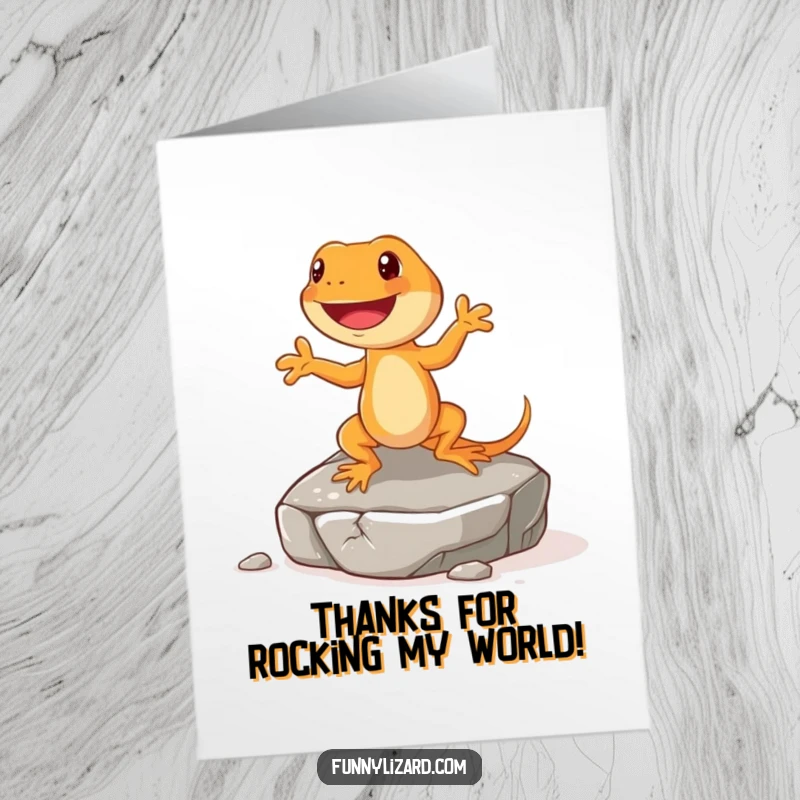 Funny Free Printable Thank You Card: Happy orange lizard with short legs doing a little jig on a rock, expressing thanks playfully.