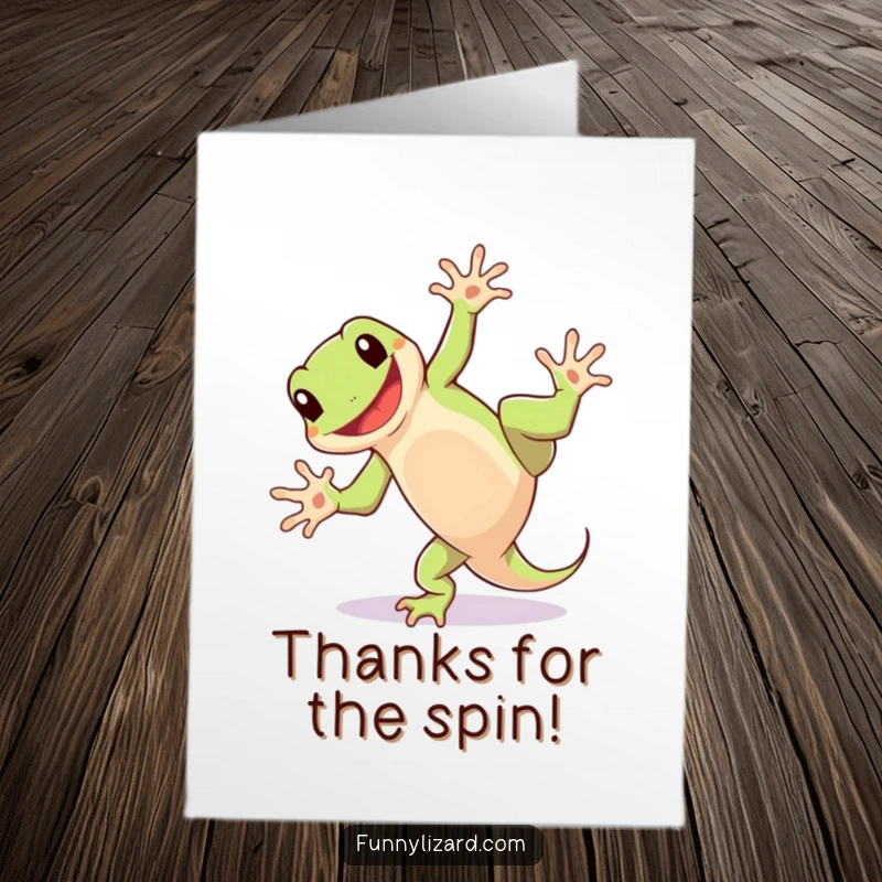 Funny Free Printable Thank You Card: Playful lizard doing a cartwheel with a wide happy grin, expressing thanks.