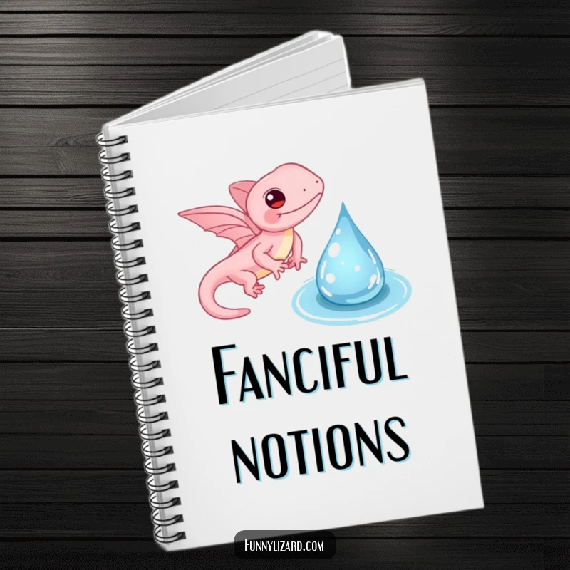 Funny pink lizard notebook, featuring a whimsical lizard with tiny wings gently flapping near a water droplet, great for journaling.