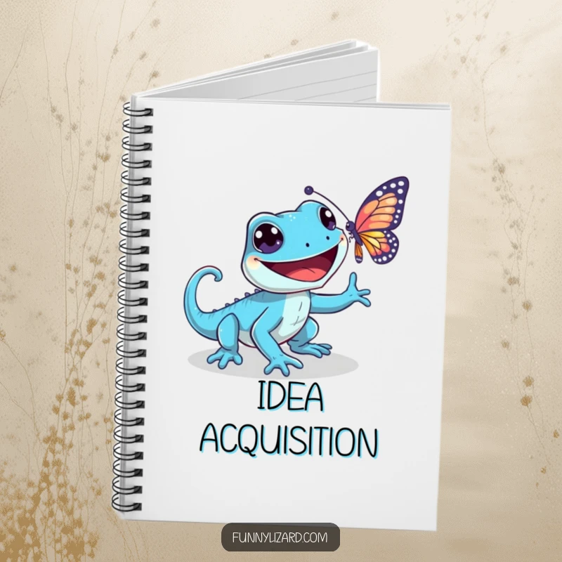 Funny blue lizard notebook, featuring a playful lizard with a wide grin chasing a shimmering butterfly, great for journaling.