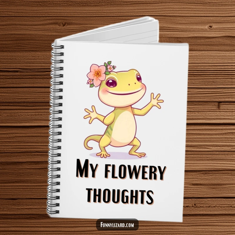 Funny happy lizard wearing a flower crown, dancing on the cover of a lined notebook.
