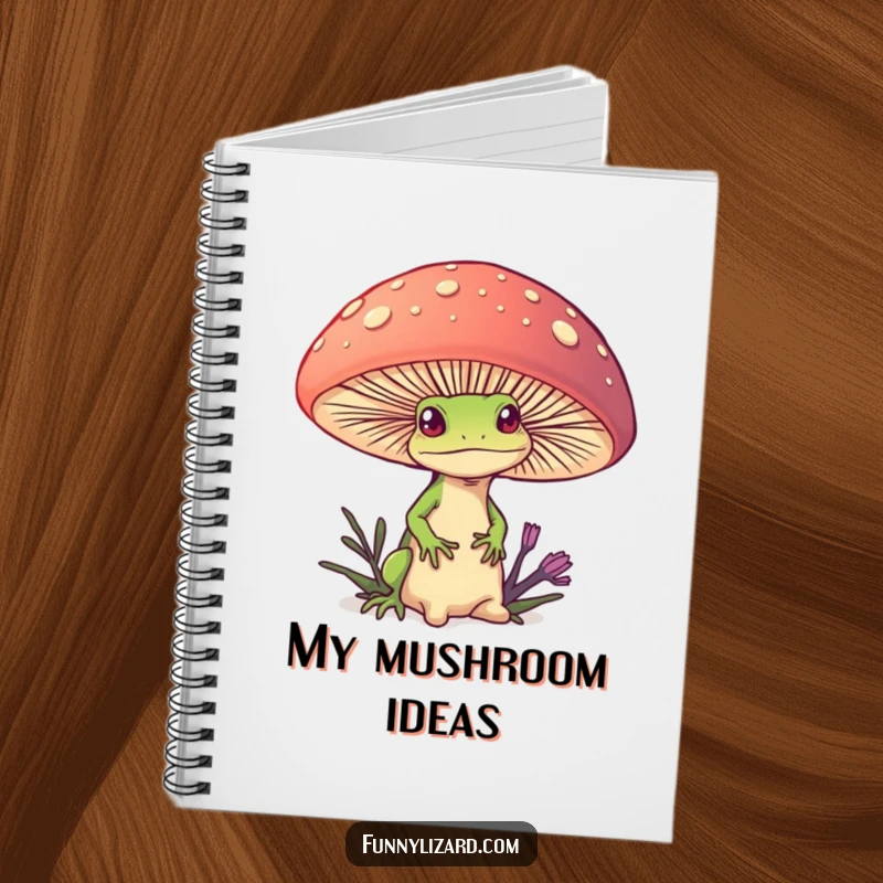 Funny notebook with a curious lizard peeking from behind a giant, colorful mushroom, perfect for journaling magical thoughts.