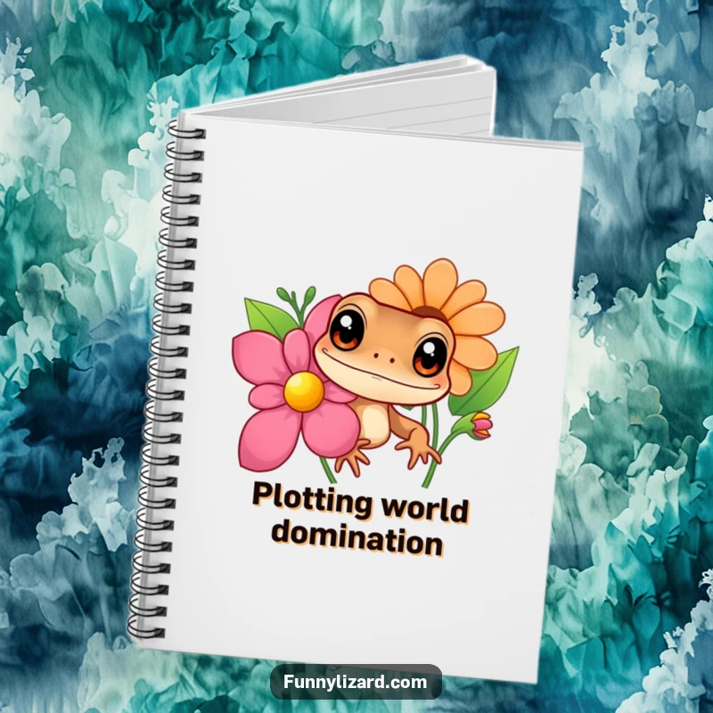 Funny brown lizard notebook, featuring a curious lizard with large eyes peeking from behind a colorful flower, perfect for writing.