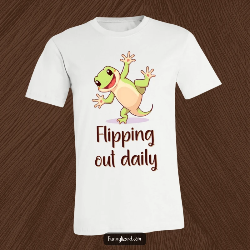 Funny t-shirt depicting a playful lizard doing a cartwheel with a wide, happy grin, symbolizing boundless energy and good cheer.