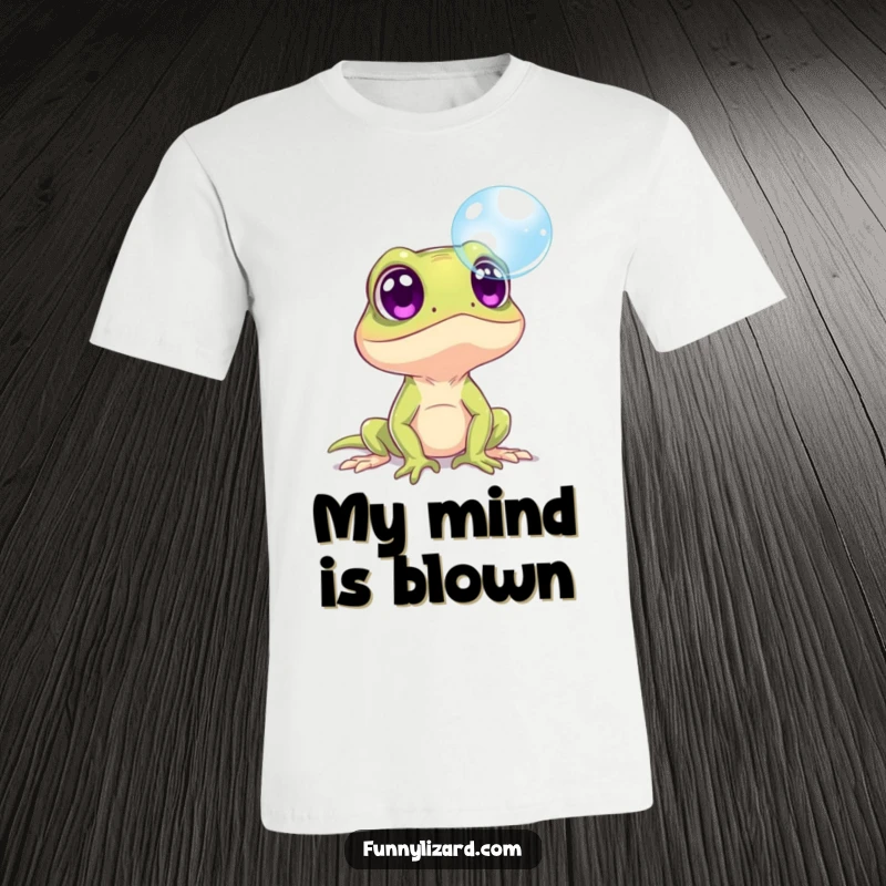 Funny surprised lizard with huge eyes, fixated on a delicate floating bubble, featured on a humorous t-shirt.