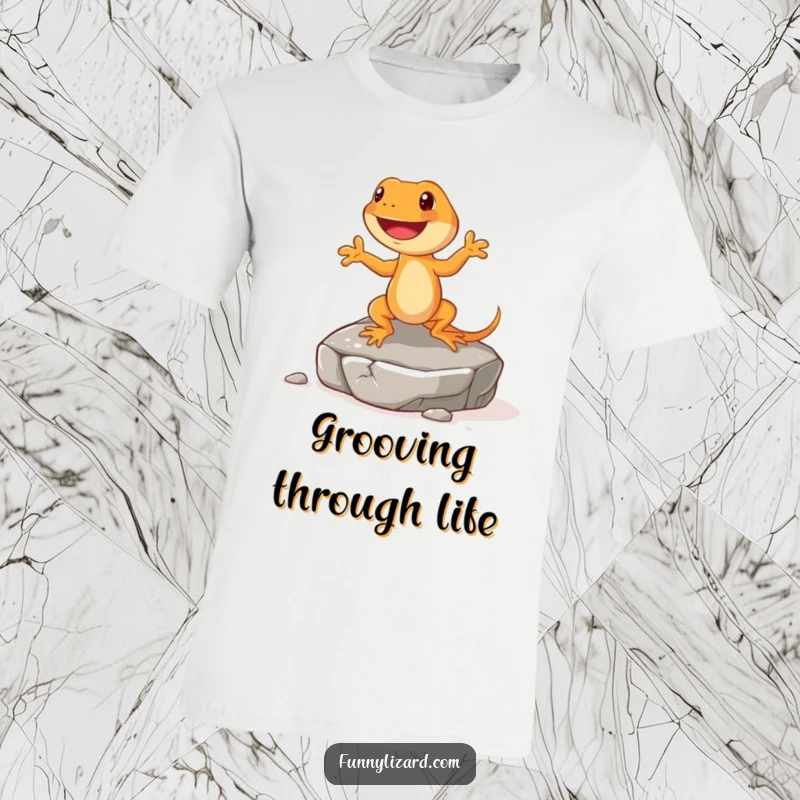 Funny orange lizard t-shirt, showing a happy lizard with short legs doing a little jig on a rock, full of energy.