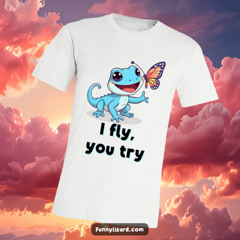 Funny blue lizard t-shirt, showing a playful lizard with a wide grin joyfully chasing a shimmering butterfly in mid-flight.