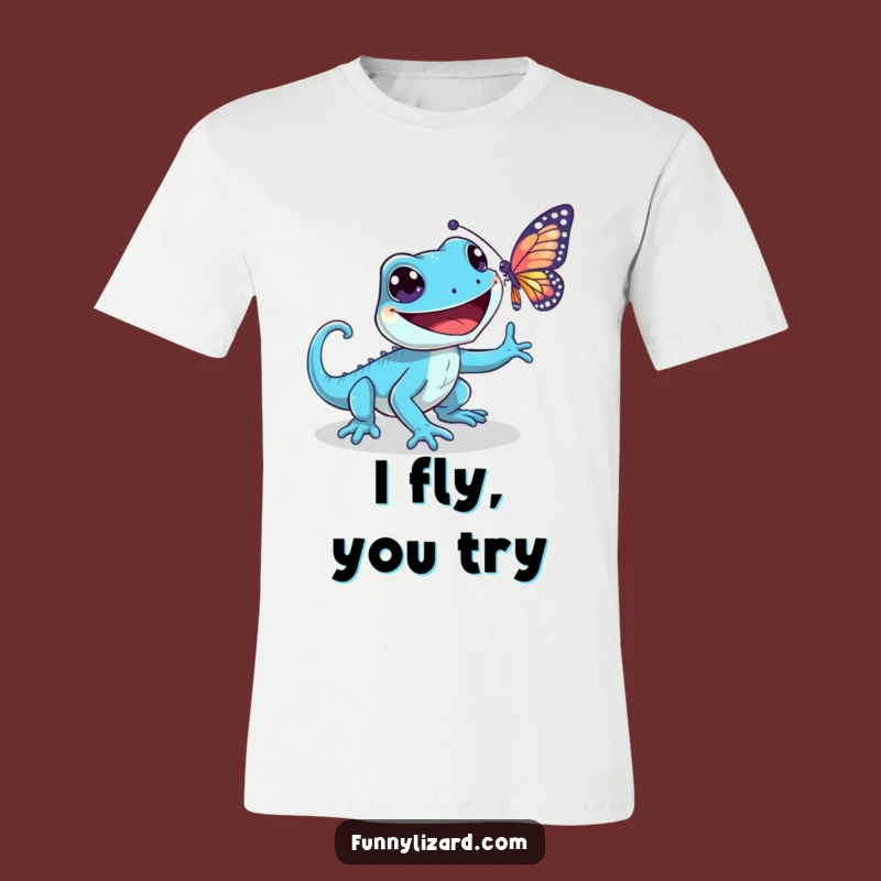 Funny Playful Blue Lizard T-Shirt - Grinning Butterfly Chase Graphic Tee, Fun Gift