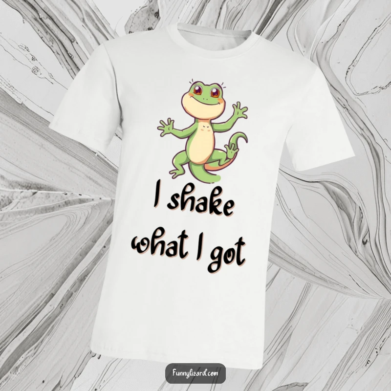 Funny energetic lizard caught mid-dance, its tail a blur of motion, bringing pure joy to this humorous t-shirt.