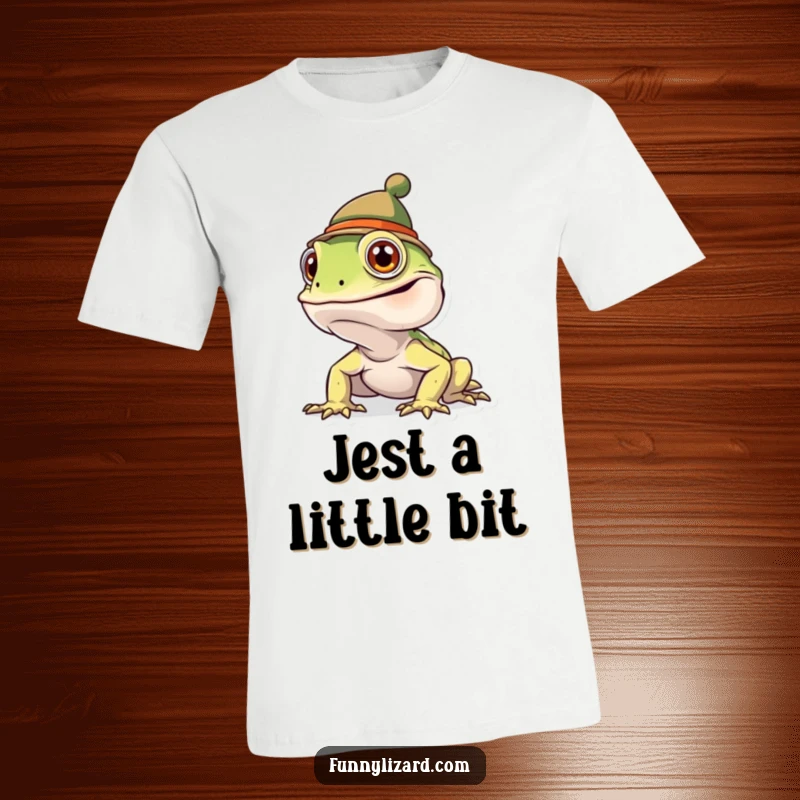 Funny goofy lizard proudly wearing a miniature, comical hat on this unique and humorous t-shirt.
