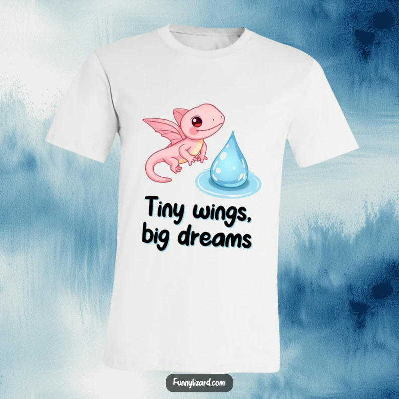 Funny pink lizard t-shirt, showing a whimsical lizard with tiny wings gently flapping near a clear water droplet, a delicate design.